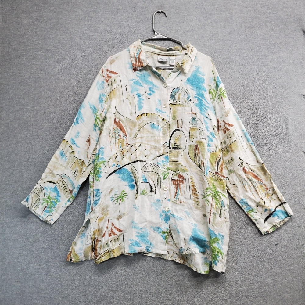 Chico's Women Top 3 Blue Water Paint City Graphic Linen Beach Button Up Collar